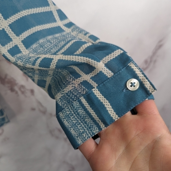 CAbi Blouse Blue Medium 3068 Windowpane Plaid Surplice Faux Wrap Top Long Sleeve - Picture 5 of 11